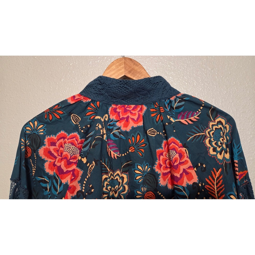 Farm Rio Anthropologie Floral Blouse Lrg Teal Lace Sleeve Boho Romantic Peasant - Picture 12 of 16